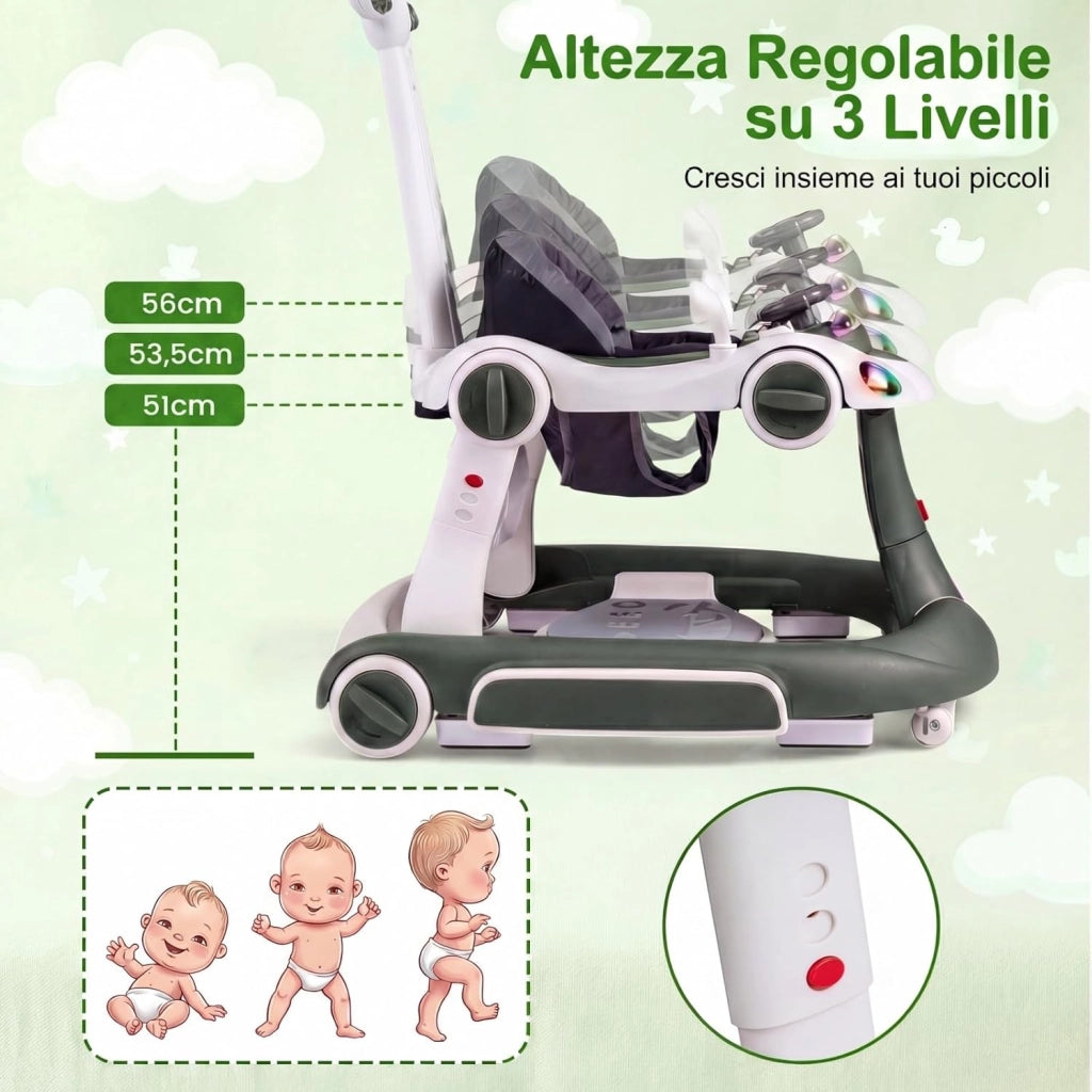 Girello per Bambini 6-in-1 Evolutivo, Centro Attività Pieghevole con Maniglia, Regolazione Altezza/Velocità, con Musica, Luci Tenda, per Neonati 6-18 Mesi (Verde+Bianco)