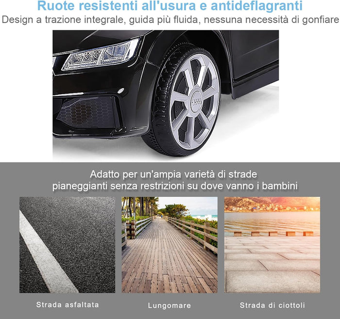 Audi 12V Auto Elettrica per Bambini, Macchina Elettrica con Velocità 2,5-5 km/ora, con Telecomando USB MP3 Luci LED (Nero)