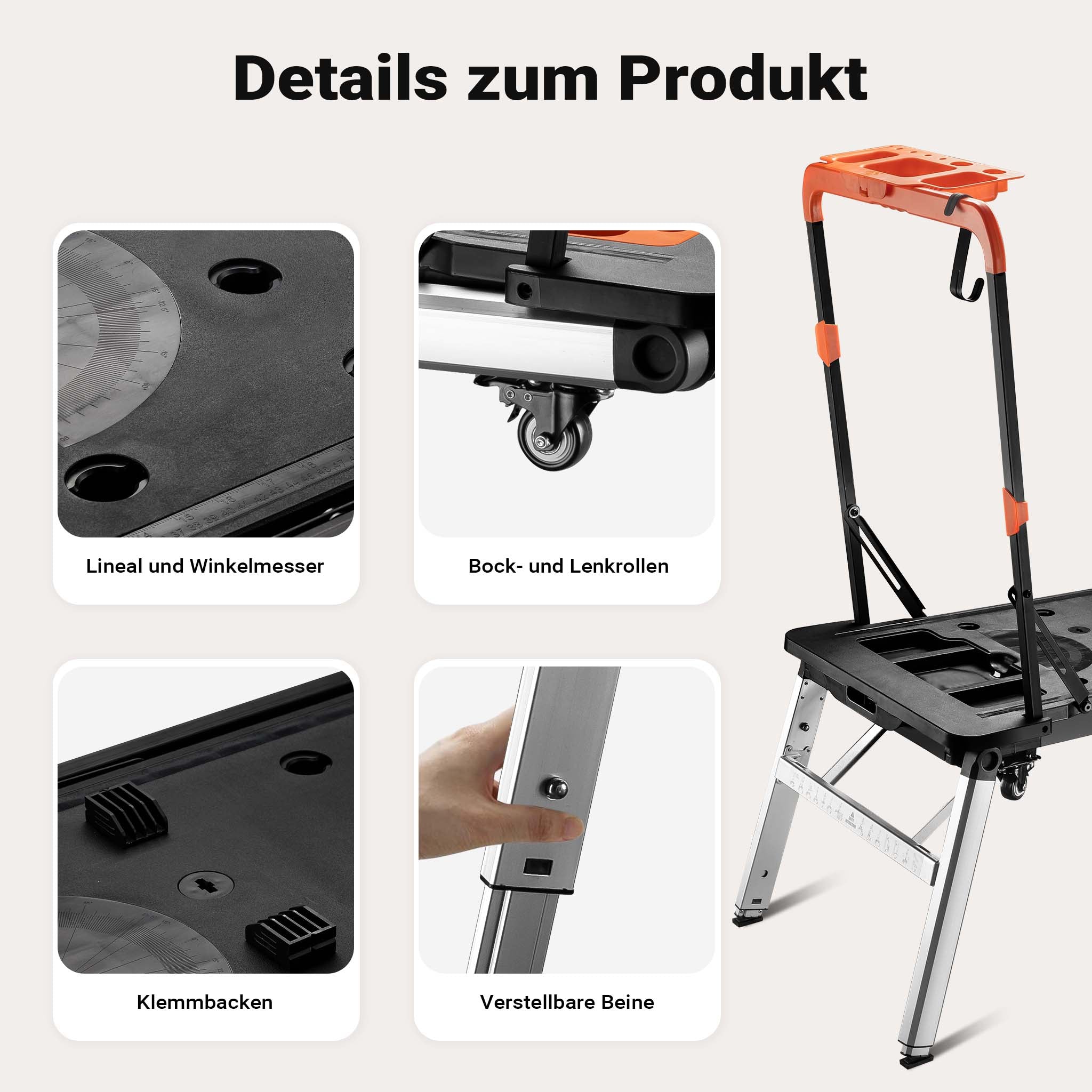 Banco da lavoro pieghevole 7 in 1, multiuso, cavalletto, impalcatura, carrello sotto auto, carrello a mano, con ruote, 108,5 x 55 x 52 cm