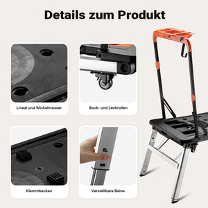 Banco da lavoro pieghevole 7 in 1, multiuso, cavalletto, impalcatura, carrello sotto auto, carrello a mano, con ruote, 108,5 x 55 x 52 cm