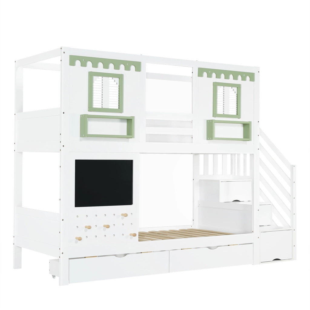 Letto a castello per bambini 90x200 cm con scala contenitore, 2 cassetti, lavagna e pannello forato, bianco+verde