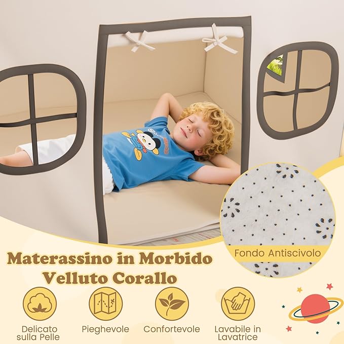 Tenda da Gioco per Bambini, con Tenda Porta e Finestre, Luci a Stella, Tappetino Antiscivolo, Casetta per Bambini e Bambine 3-10 Anni, 120 x 101 x 143 cm (Beige)
