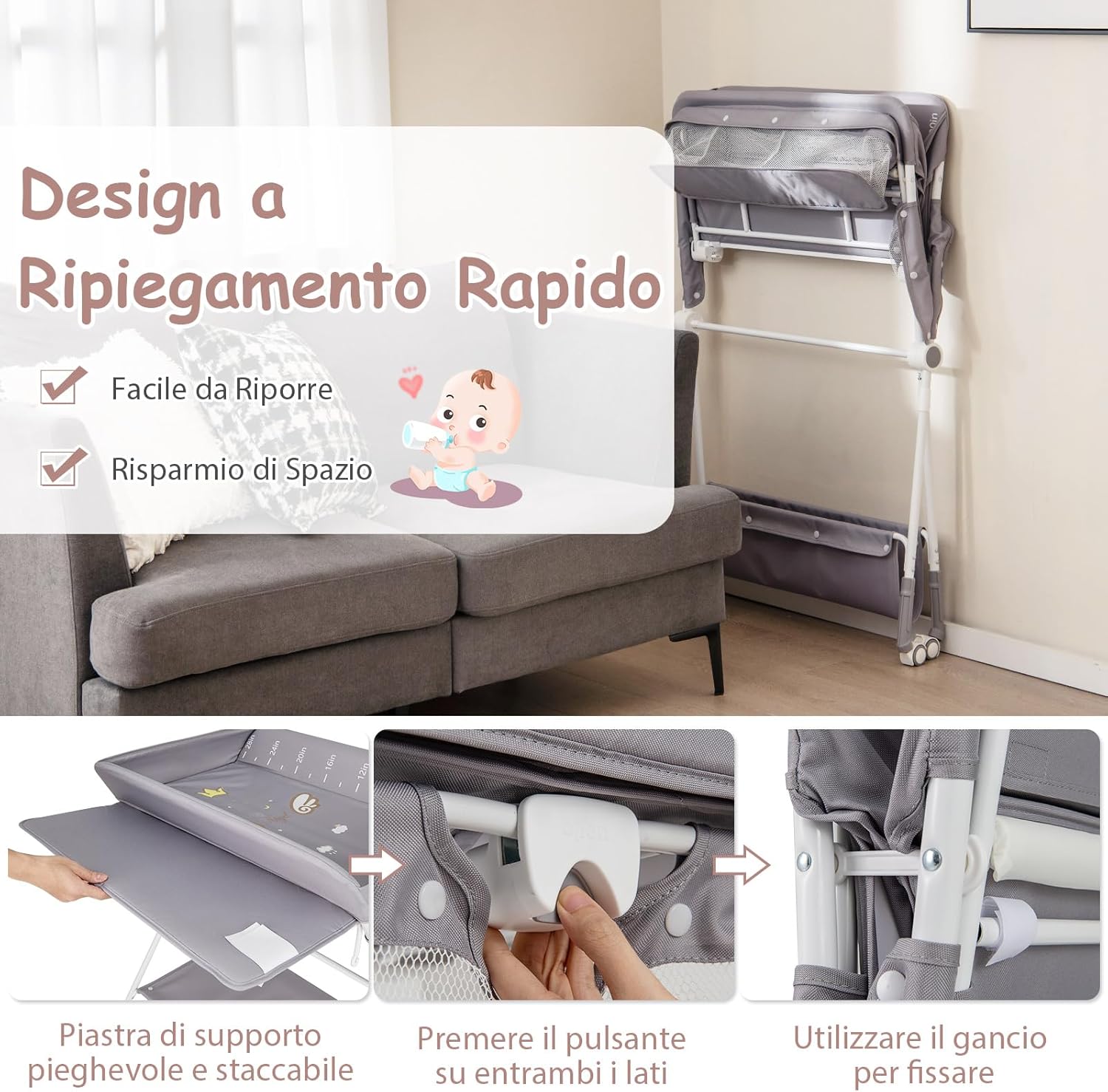 Fasciatoio Neonato Pieghevole, Fasciatoio Portatile con Altezza Regolabile a 3 Livelli, Fasciatoio Neonato con Ruote di Bloccabili, Ripiano, Porta Asciugamani, Cestino di Rifiuti (Grigio)
