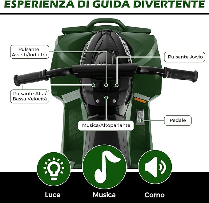 12V Quad Elettrico per Bambini, Macchina Elettrica con Velocità Alta/Bassa, Sedile Comodo Fari Corno e Musica, Auto Elettrica Cavalcabile 2,2/4,3 km/h (Verde)