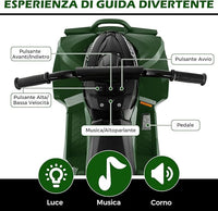12V Quad Elettrico per Bambini, Macchina Elettrica con Velocità Alta/Bassa, Sedile Comodo Fari Corno e Musica, Auto Elettrica Cavalcabile 2,2/4,3 km/h (Verde)