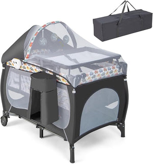 5 in 1 Lettino da Campeggio con Materasso, Lettino Neonato da Viaggio Pieghevole, Box Bambini Portatile con Borsa, Zanzariera, per Bambini 0-36 Mesi (Elefante Colorato)