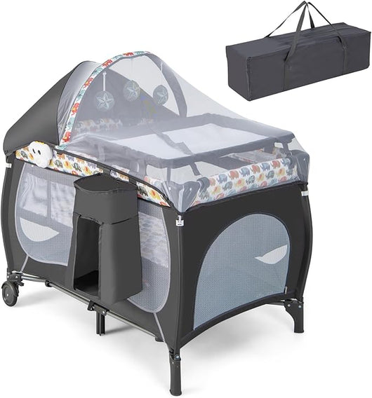 5 in 1 Lettino da Campeggio con Materasso, Lettino Neonato da Viaggio Pieghevole, Box Bambini Portatile con Borsa, Zanzariera, per Bambini 0-36 Mesi (Elefante Colorato)
