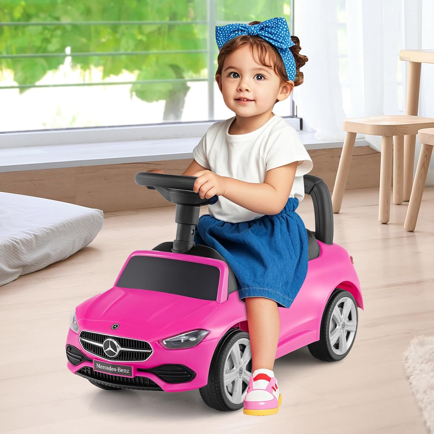 Mercedes Benz Macchinina Cavalcabile a Spinta per Bambini, Auto da Gioco con Volante Clacson e Suono, Spazio di Archiviazione, Auto a Spinta per bambini 1-3 Anni (Rosa)