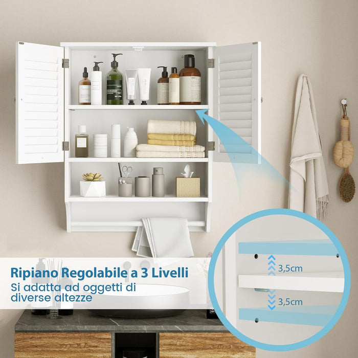 Armadietto da Bagno Sospeso, Armadietto da Parete con 2 Ante, con Ripiano Regolabile in 3 Posizioni e Barra Porta Asciugamani, 60x22x75 cm (Bianco)