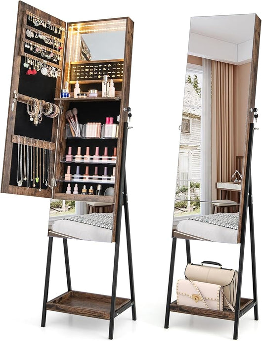 Armadietto Portagioie da Terra, Specchio Portagioie con Specchio Senza Cornice, Luci LED a 3 Colori, con Cassetto e Ripiano, 41 x 35 x 166 cm (Marrone Rustico)