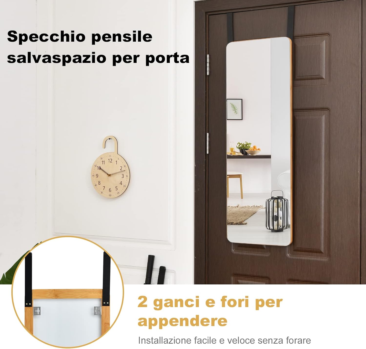 Specchio Figura Intera sulla porta, Specchio Rettangolare da Parete, Specchio Moderno da Trucco da Appendere con 2 Ganci, Ideale per Corridoio Salone Camera da Letto Bagno