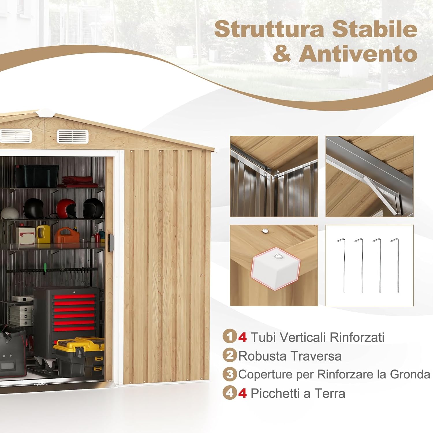 Casetta da Esterno, Capanno Porta Attrezzi con Porte Scorrevoli, Maniglie, Sfoghi e Tettoia, Casetta da Giardino in Lamiera di Acciaio e Lamiera Zincata (259 x 196 x 184 cm)