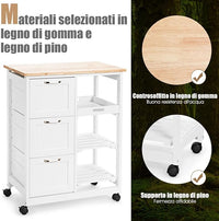 Carrello da Cucina con Ruote, Credenza Cucina con 4 Ripiani e 3 Cassetti, in Legno, Ideale per Cucina Ristorante e Bar, 67 x 37 x 83,5 cm (Bianco)