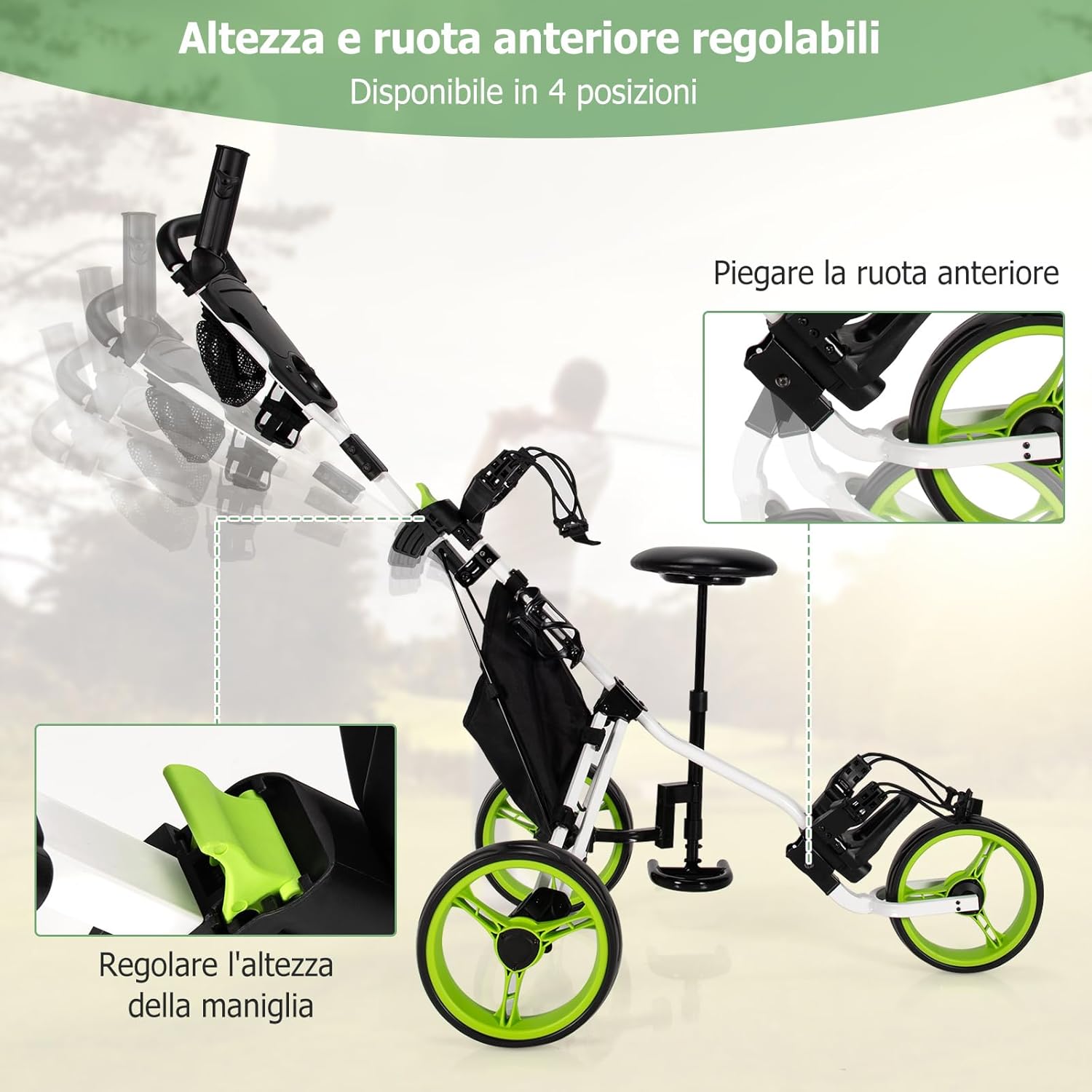 Carrello da Golf Pieghevole con 3 Ruote, Trolley da Golf Altezza Regolabile di Alluminio con Sedile, Porta Ombrello e Porta Bevande