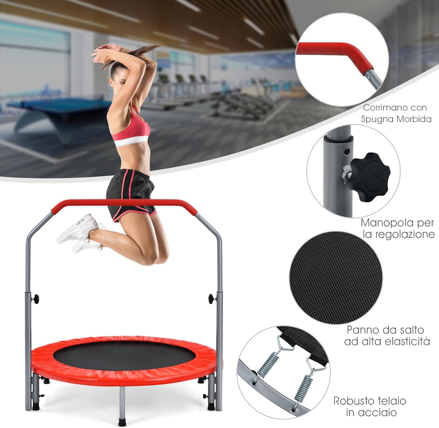 Trampolino per Bambini e Adulti, Tappeto Elastico Pieghevole e Regolabile in 4 Altezze con Maniglia, Capacità di Carico 150 kg