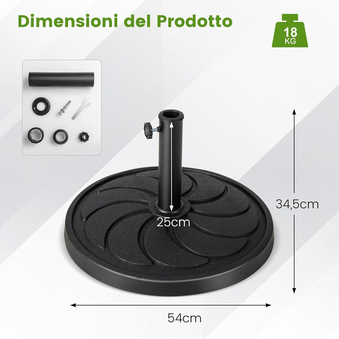 Base Ombrellone da Esterno 18 kg, Supporto Rotondo per Ombrellone 54 CM con Diametro Palo 38/48 MM, Base per Ombrellone Robusta da Giardino Terrazzo Esterno
