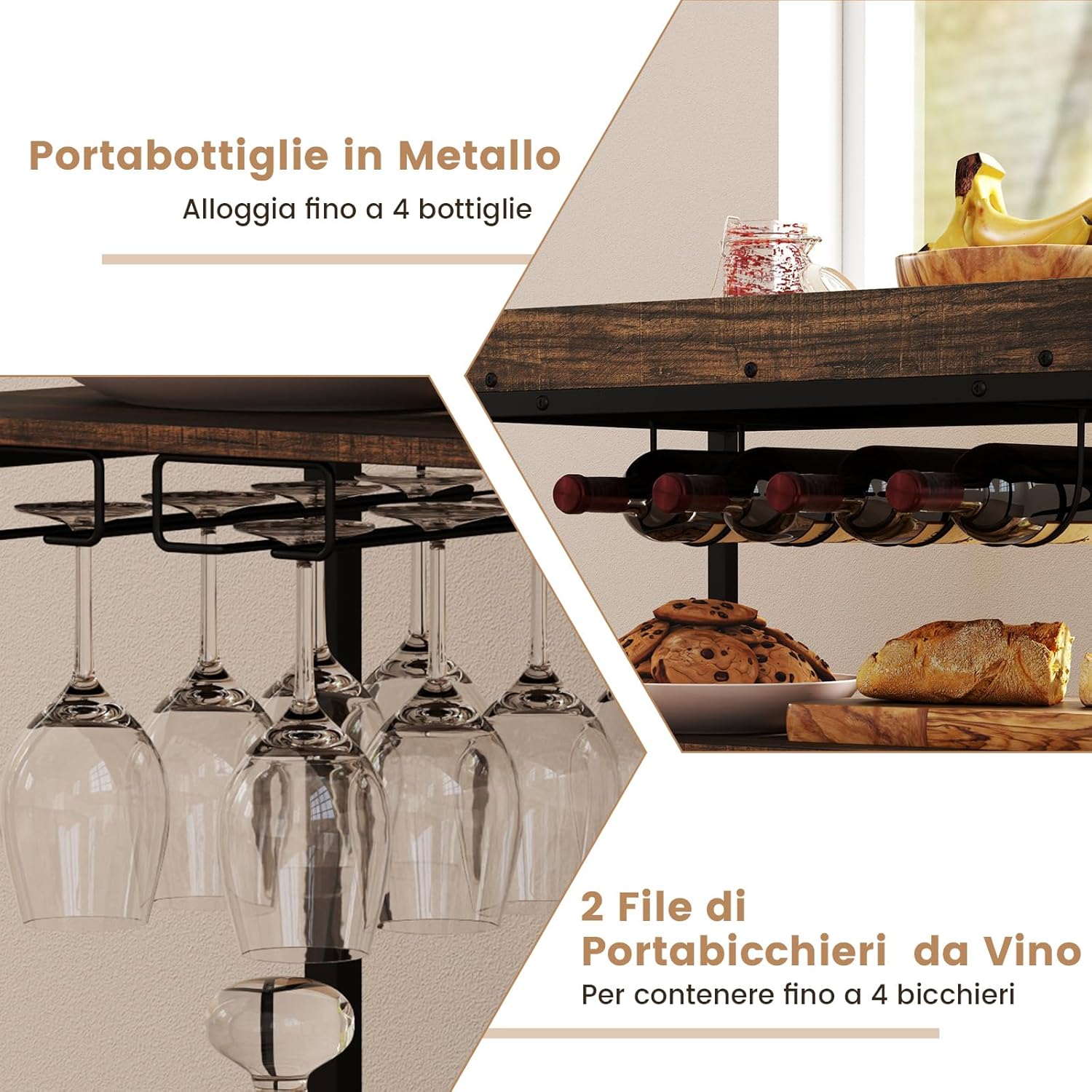 Carrello da Cucina a 3 Ripiani, Carello in Legno con 4 Ruote Universali a Freno e Vasoio Rimovibile, Carrello con Supporti per Bicchieri e Bottiglie di Vino, 84 x 40 x 90 cm, Marrone Rustico