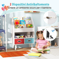 Libreria per Bambini, Scaffale in Legno per Bambini con 3 Ripiani, Scomparto Aperto e 2 Cassetti in Tessuto Pieghevoli, Organizzatore per Giocattoli, 63x30x97 cm (Bianco)