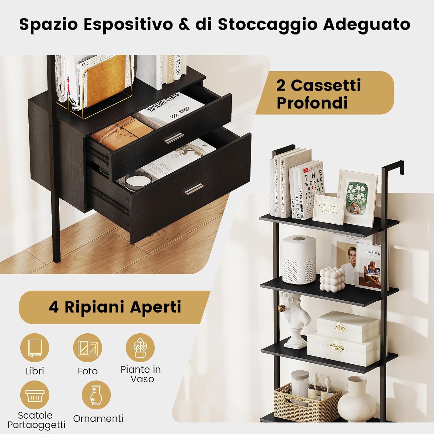 Libreria a Scala 184 cm, Scaffale da Parete a 6 Ripiani con 2 Cassetti e Struttura in Metallo, Ripiano Espositivo Aperto Moderno per Soggiorno Studio Ufficio, 60 x 30 x 184 cm (Nero)
