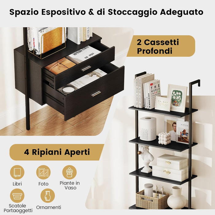 Libreria a Scala 184 cm, Scaffale da Parete a 6 Ripiani con 2 Cassetti e Struttura in Metallo, Ripiano Espositivo Aperto Moderno per Soggiorno Studio Ufficio, 60 x 30 x 184 cm (Nero)