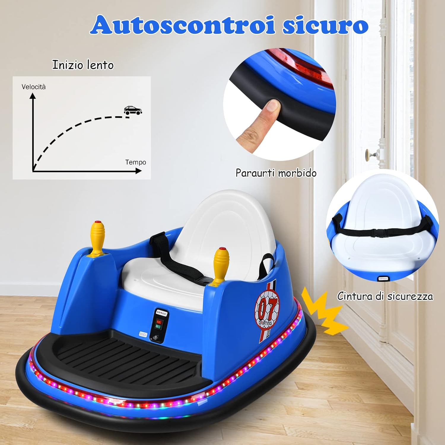 Veicolo Elettrico Macchina Elettrica Design Autoscontro per Bambini, Girevole a 360°, con Luci e Musica, con Telecomando, per Bambini 2-5 Anni (Blu)