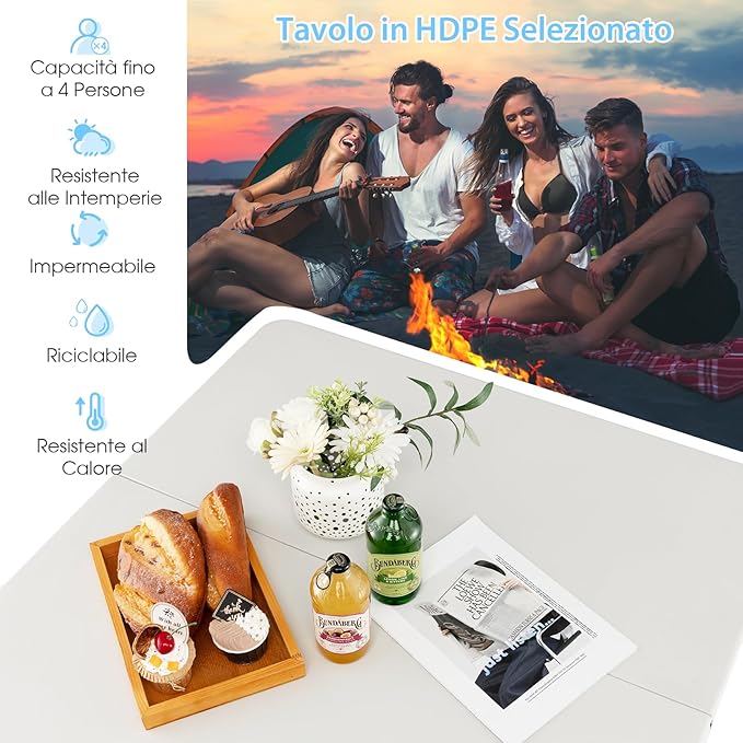 Tavolo da Campeggio Pieghevole, Tavolo da Picnic Portatile con Maniglia, Tavolino da Pranzo Leggero per Esterni con Piano in HDPE, Portata 100 kg (Bianco)