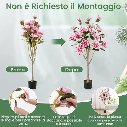 Albero di Magnolia Artificiale 130 cm, Pianta Finta con Foglie in PEVA, Tronchi Multi-ramo, Muschio Realistico, Pianta Finta in Vaso da Interno per Ristorante, Salotto e Ufficio