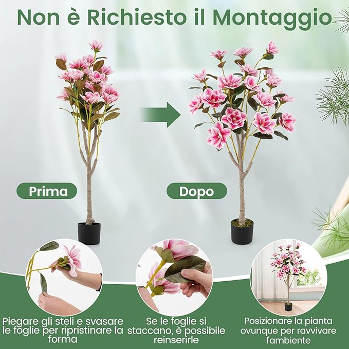 Albero di Magnolia Artificiale 130 cm, Pianta Finta con Foglie in PEVA, Tronchi Multi-ramo, Muschio Realistico, Pianta Finta in Vaso da Interno per Ristorante, Salotto e Ufficio