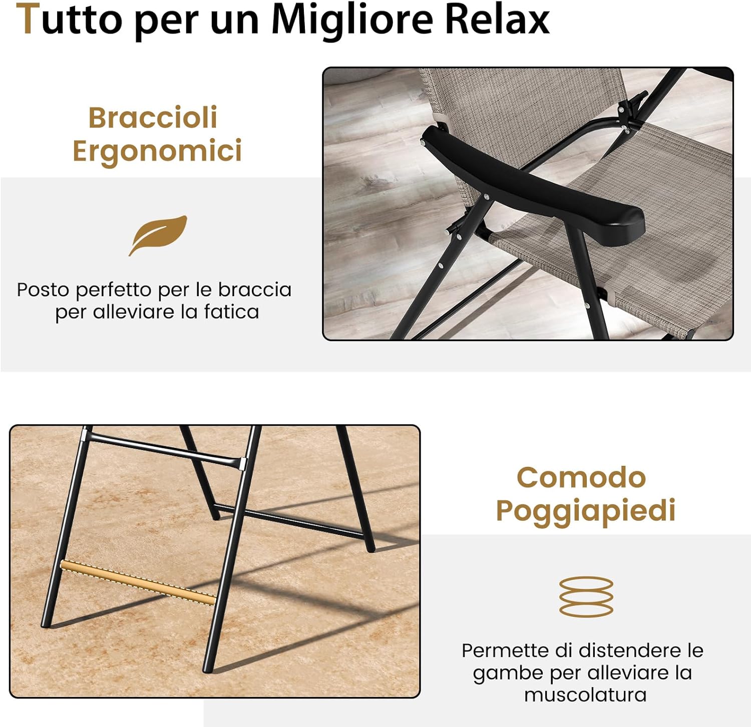 Set di 2 Sgabelli Pieghevoli da Bar per Giardino, Set di 2 Sedie Alte da Bar con Telaio in Metallo e Poggiapiedi, per Balcone, Giardino e Piscina, 56 x 76 x 112 cm (L x P x A)