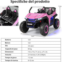 12V Auto Elettrico per Bambini, Macchina Fuoristrada a 2 Posti, Macchina Elettrica con Luci Suoni, Regalo per Bambini 3-8 Anni, 118x74x71 cm (Rosa)