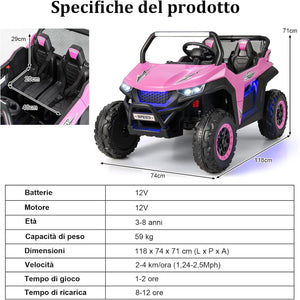 12V Auto Elettrico per Bambini, Macchina Fuoristrada a 2 Posti, Macchina Elettrica con Luci Suoni, Regalo per Bambini 3-8 Anni, 118x74x71 cm (Rosa)