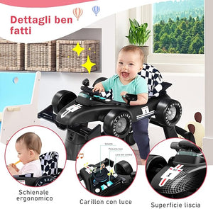 Girello per Bambini 4 in 1, Girello Pieghevole con Altezza e Velocità Regolabili, Carillon con Luci, Volante e Sedile, Primi Passi per Bambini 6-18 Mesi, Portata 15 kg (Nero)