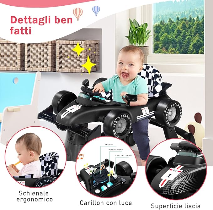 Girello per Bambini 4 in 1, Girello Pieghevole con Altezza e Velocità Regolabili, Carillon con Luci, Volante e Sedile, Primi Passi per Bambini 6-18 Mesi, Portata 15 kg (Nero)