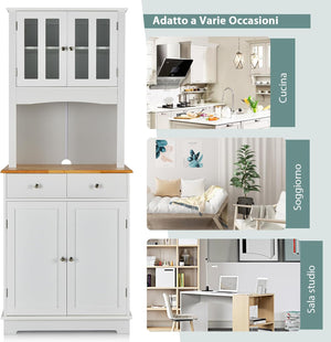 Mobile dispensa da cucina autoportante, Buffet con Piano in Legno, Credenza e 2 Cassetti, Ripiani Regolabili, Armadietto con Ante in Vetro, Spazio Aperto per Forno a Microonde, Bianco