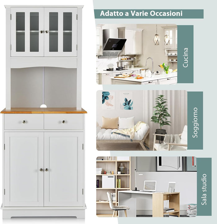Mobile dispensa da cucina autoportante, Buffet con Piano in Legno, Credenza e 2 Cassetti, Ripiani Regolabili, Armadietto con Ante in Vetro, Spazio Aperto per Forno a Microonde, Bianco