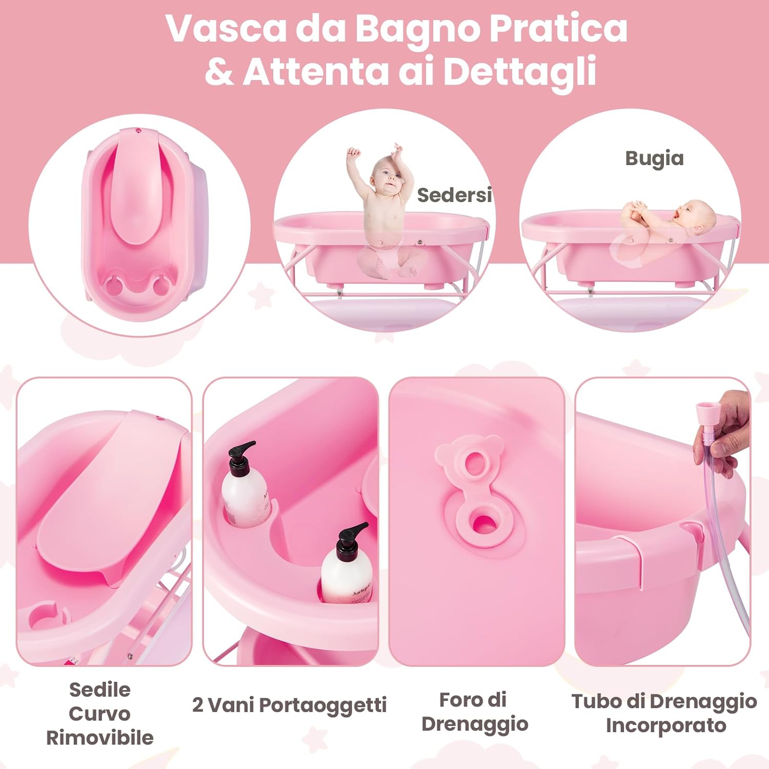 Fasciatoio con Vaschetta per Bambini, Vasca da Bagno per Neonati, Fasciatoio Pieghevole con Materassino, Cestino Portaoggetti, Ruote con Freno, Portata 35kg+15kg (Rosa)