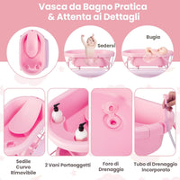 Fasciatoio con Vaschetta per Bambini, Vasca da Bagno per Neonati, Fasciatoio Pieghevole con Materassino, Cestino Portaoggetti, Ruote con Freno, Portata 35kg+15kg (Rosa)