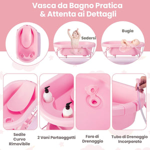Fasciatoio con Vaschetta per Bambini, Vasca da Bagno per Neonati, Fasciatoio Pieghevole con Materassino, Cestino Portaoggetti, Ruote con Freno, Portata 35kg+15kg (Rosa)