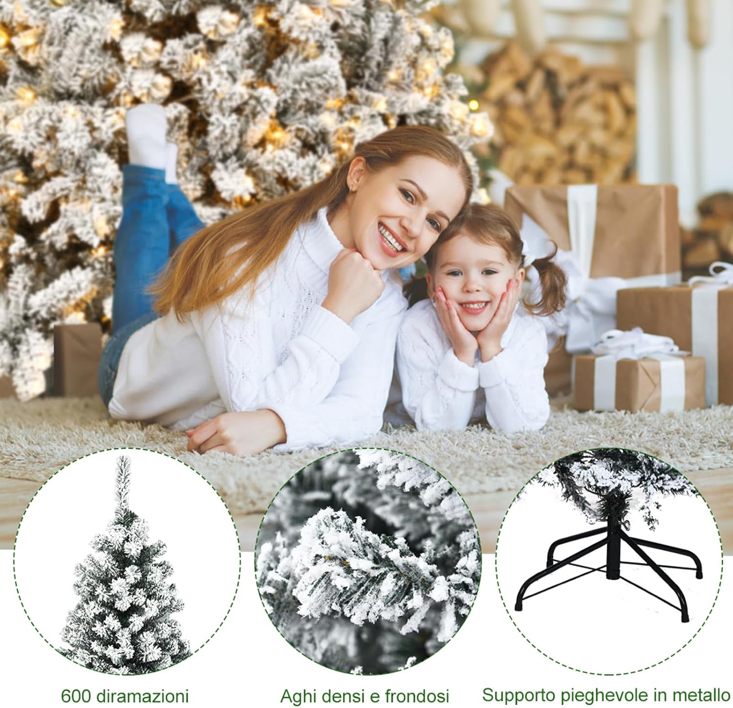 Albero di Natale Innevato 180/225 cm, Albero di Natale con 250/450 Luci a LED Bianco Caldo, 600/1010 Rami Folti e Base Metallica, Ideale per Casa, Ufficio e Negozio (180 CM)