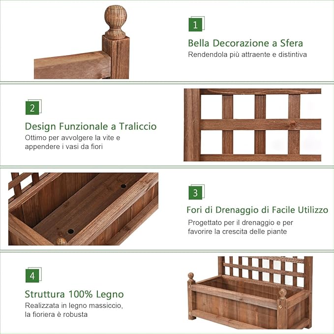 Fioriera da Esterno in Legno Massiccio con Traliccio, Letto Rialzato con Grigliato per Piante Rampicanti e Fiori, Fioriera Resistente alle Intemperie per Giardino, Patio e Cortile