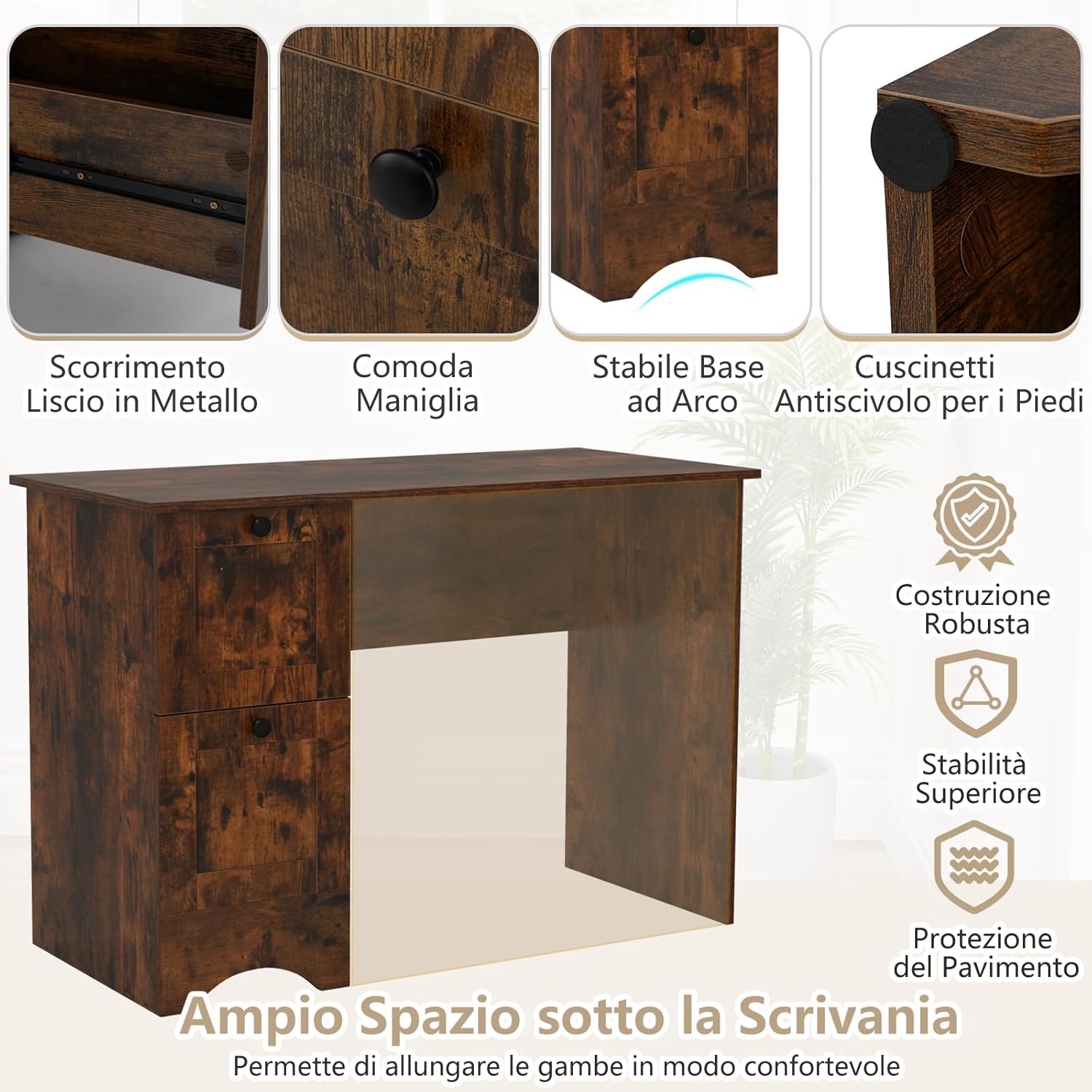 Scrivania per Computer con 2 Cassetti a Maniglia, Scrivania PC Salvaspazio Multifunzionale, Scrivania Gaming per Ufficio, Soggiorno, Camera da Letto e Studio, 109 x 50 x 75 cm (Marrone)