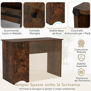 Scrivania per Computer con 2 Cassetti a Maniglia, Scrivania PC Salvaspazio Multifunzionale, Scrivania Gaming per Ufficio, Soggiorno, Camera da Letto e Studio, 109 x 50 x 75 cm (Marrone)
