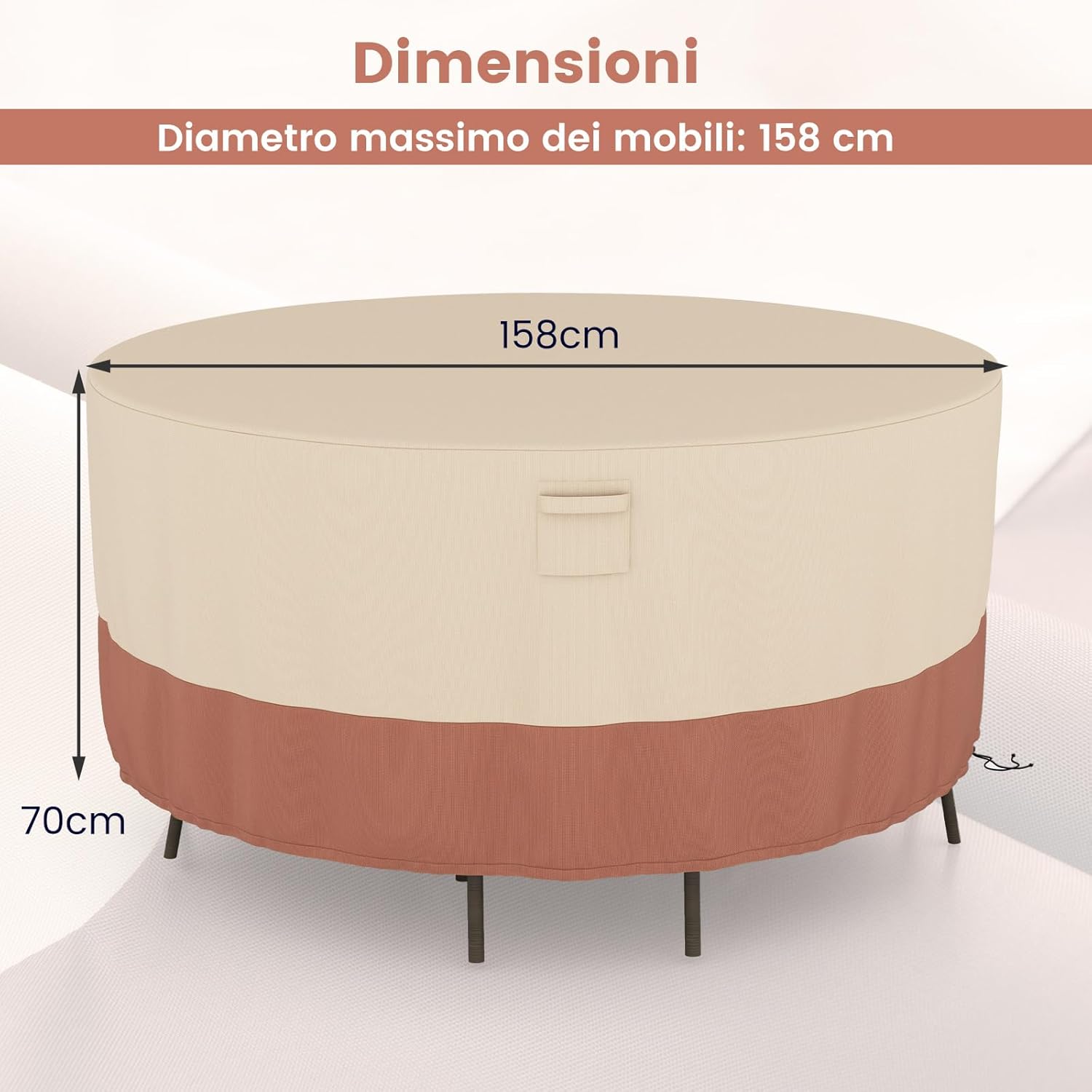 Copertura per Mobili da Giardino Rotonda da 158/183/213 CM, Copertura per Tavolo e Sedie da Esterno con Ventilazione, Fibbie e Coulisse, Impermeabile (S, Beige)
