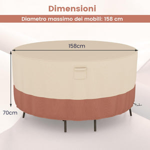 Copertura per Mobili da Giardino Rotonda da 158/183/213 CM, Copertura per Tavolo e Sedie da Esterno con Ventilazione, Fibbie e Coulisse, Impermeabile (S, Beige)