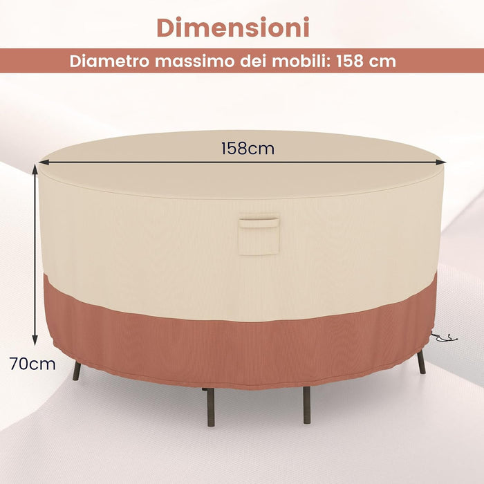 Copertura per Mobili da Giardino Rotonda da 158/183/213 CM, Copertura per Tavolo e Sedie da Esterno con Ventilazione, Fibbie e Coulisse, Impermeabile (S, Beige)