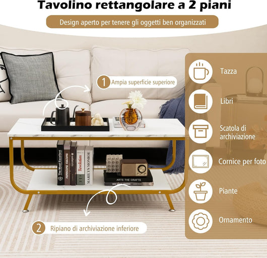 Tavolino da Caffè da Divano, Tavolino Rettangolare con Piano in Marmo Sintetico a 2 Livelli e Struttura in Metallo, Ripiano di Stoccaggio, Tavolino per Salotto, Ufficio e Studio (Bianco)
