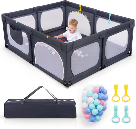 Recinto per Bambini, Box per Bambini con Rete Traspirante, Centro Attività per Bambini con 50 Palline, Box Giochi per Bambini 0-3 Anni (Grigio Scuro, 189 x 158 cm)