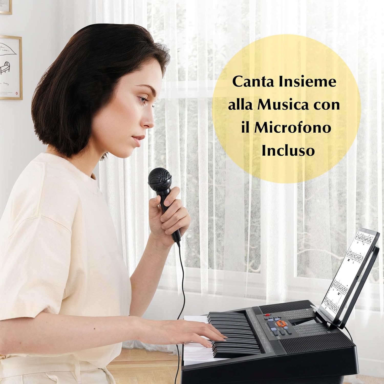 Pianoforte con Tastiera a 61 Tasti, Tastiera Digitale per Principianti con Microfono e Leggio, Pianola Elettrica con 300 Ritmi, 300 Timbri, 50 Canzoni Demo e 3 Modalità di Insegnamento