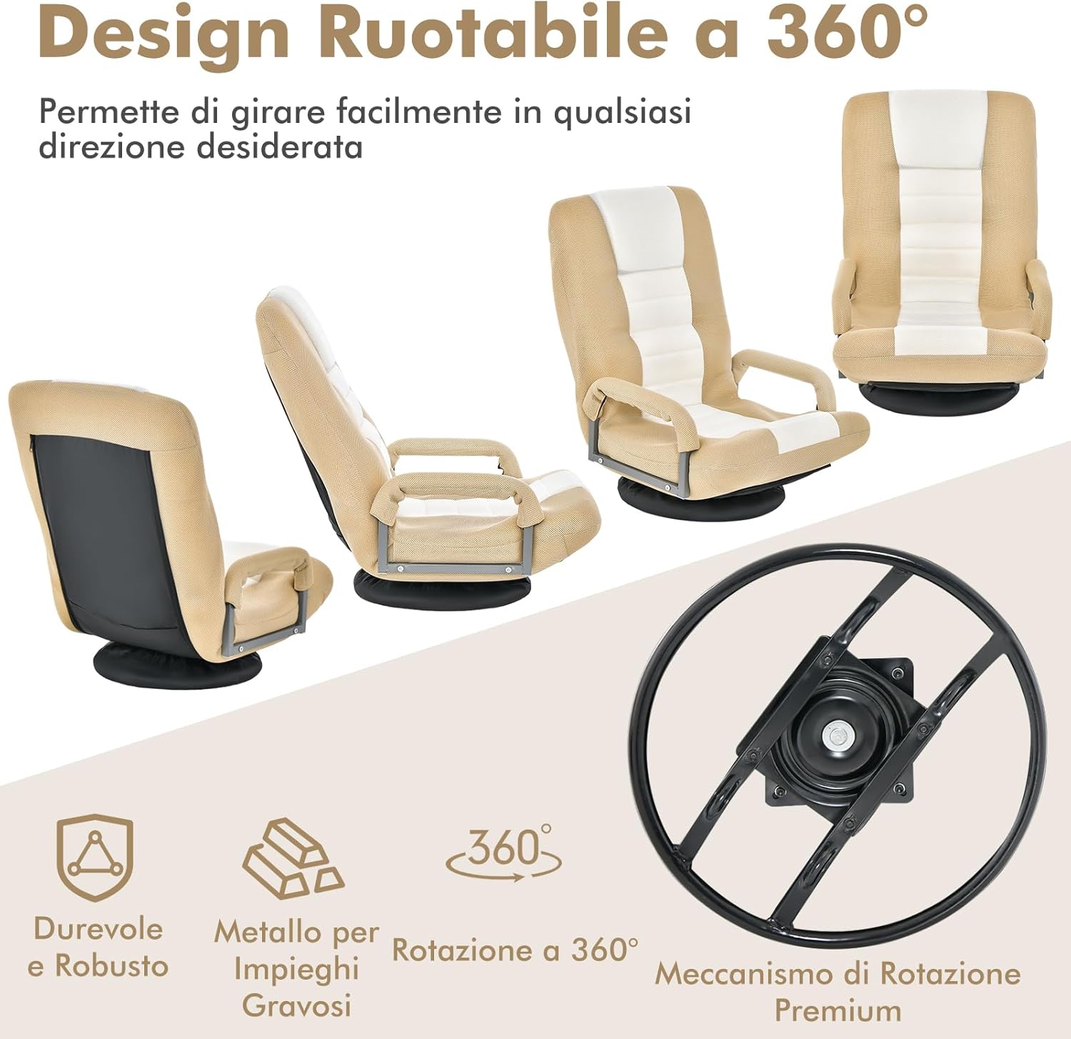 Sedia da Pavimento Pieghevole, Poltrona Sedia da Yoga per Meditazione, Portatile Inclinabile Girevole, da Salotto Camera da Letto (Marrone chiaro)