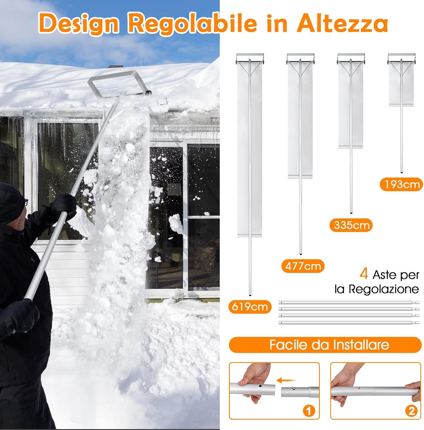 Restrello da Neve per Tetto Lungezza 193-619 cm, Rastrello per Neve Telescopico con 2 Ruote, Restrello in Alluminio Allungabile con 4 Asta Rimozione Neve per Tetto con Tessuto PE